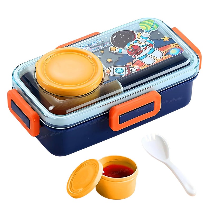 FunBlast صندوق غداء للأطفال – صندوق غداء مع ملعقة ووعاء، صناديق غداء للأطفال في المدرسة، صندوق تيفين محكم الإغلاق، صندوق تيفين بلاستيكي مع 2 قسم، صناديق غداء بنتو (فضاء) - Image 1