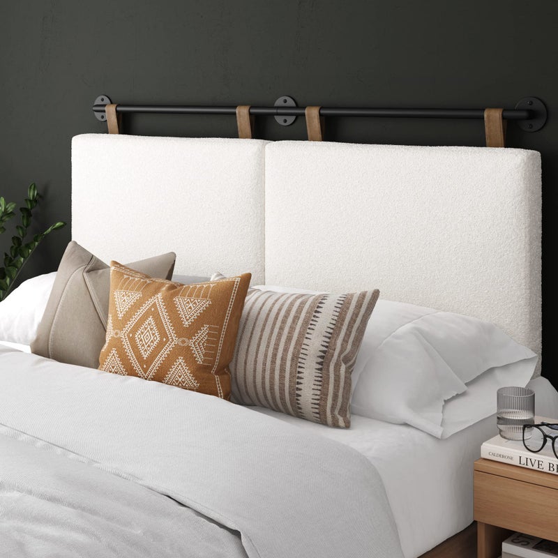 Nathan James Charlie Wall Mount Hanging Upholstered Headboard Queen White Boucle with Brown Faux Leather Straps