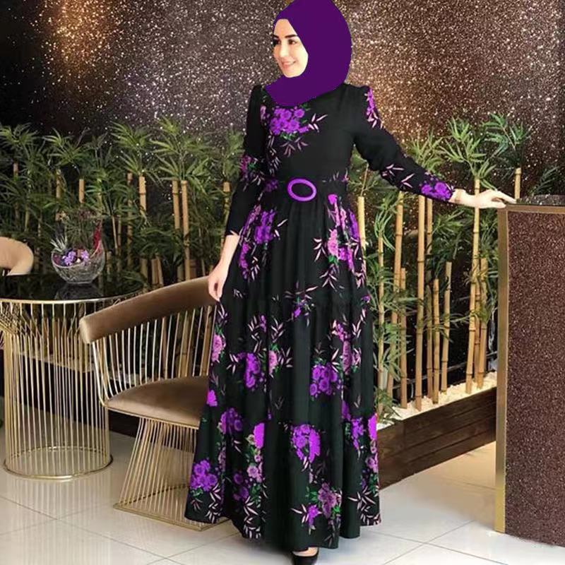 Spring 2024 New printed mid-waist four-color elegant commuter four-sided elastic printed dress not fleece-lined dress 1148 Purple - Image 1