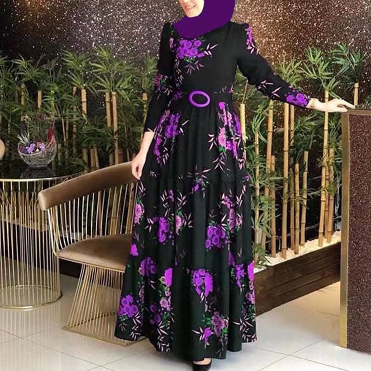 Spring 2024 New printed mid-waist four-color elegant commuter four-sided elastic printed dress not fleece-lined dress 1148 Purple - Image 4