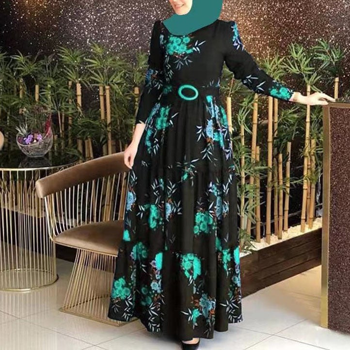 Spring 2024 New printed mid-waist four-color elegant commuter four-sided elastic printed dress not fleece-lined dress 1148 Purple - Image 5