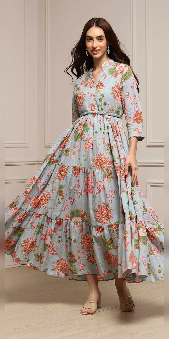 Women Light Blue Cotton Floral Tiered Dress