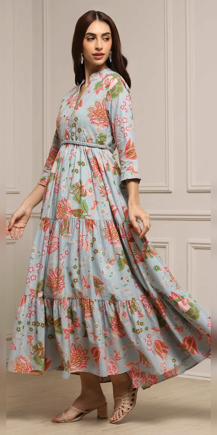 Biba light blue floral Women Light Blue Cotton Floral Tiered Dress for Women | Best Price UAE
