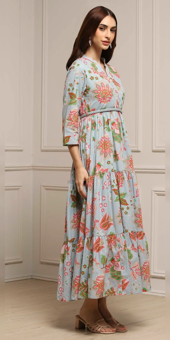 Biba light blue floral Women Light Blue Cotton Floral Tiered Dress for Women | Best Price UAE