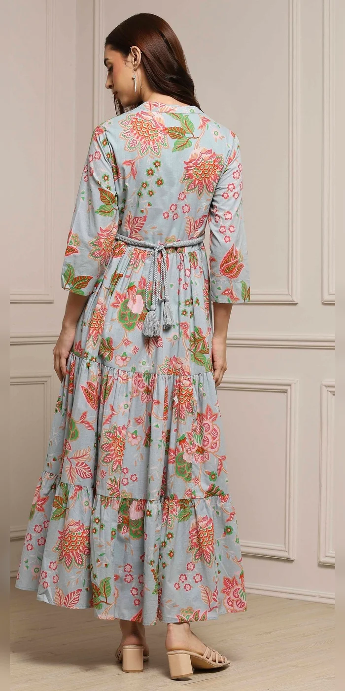 Biba light blue floral Women Light Blue Cotton Floral Tiered Dress for Women | Best Price UAE