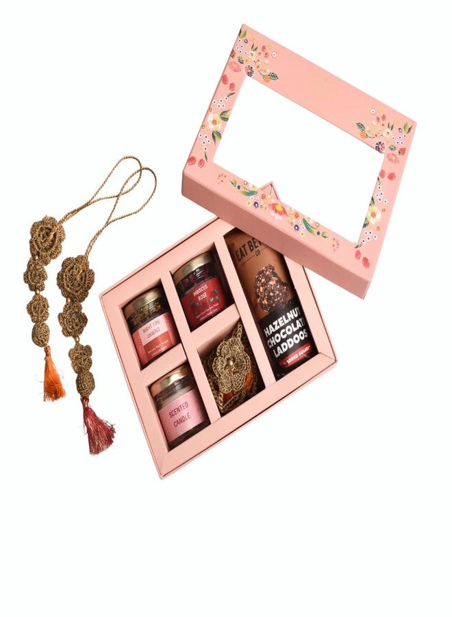 OH CHA - Rakhi Gift for Bhabi | Gift Box with 2 Teas, Rakhi, Moli, Chawal, Scented Candle, Chocolate Hazlenut Laddoo, Personalized Note | Rakhi Gift Hamper for Bhabhi, Sister | Rakshabandhan Gift - Image 1