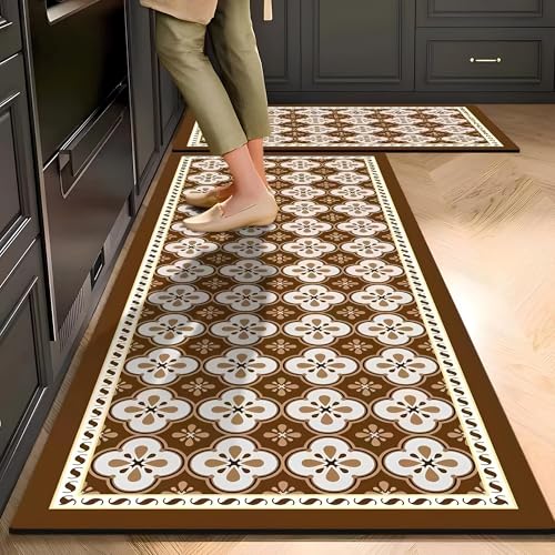 Roslen Anti-Fatigue Kitchen Mat Set of 2 Pcs, Anti-Fatigue Cushioned Floor Rugs, Elegant Floral Pattern for Long-Lasting Kitchen Comfort, Waterproof Soft Cushioned Floor Runner for Home & Kitchen - Image 1