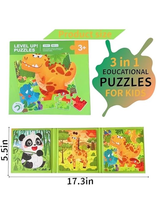 Wooden Magnetic Sliding Puzzles for Kids Ages 3 and Up, 3 in 1 Cartoon Jigsaw Puzzle Book (Dinosaurs, Pandas, Giraffes), 3 Pieces Each - Image 3
