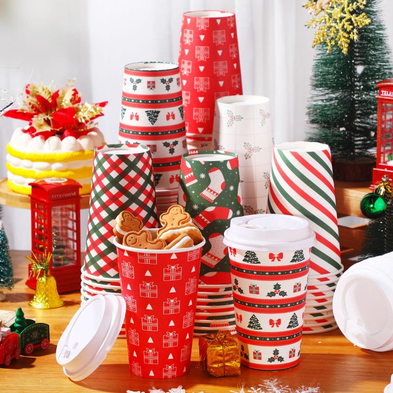 Yaomiao 90 Pack 16 oz Christmas Coffee Cups with Lids Bulk Disposable Christmas Paper Cups for Hot Cocoa Chocolate Tea Beverage Xmas Holiday Party Supplies
