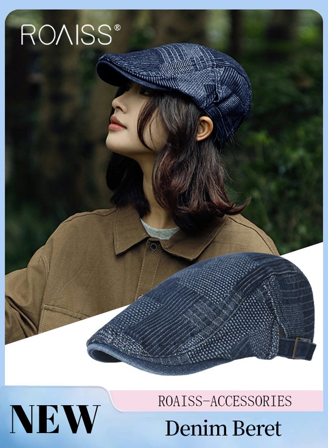 roaiss Adjustable Denim Newsboy Caps for Men Women Vintage Beret Flat Cap Cotton Hat Driving Fishing Peaked Hat Dark Blue One Size - Image 1
