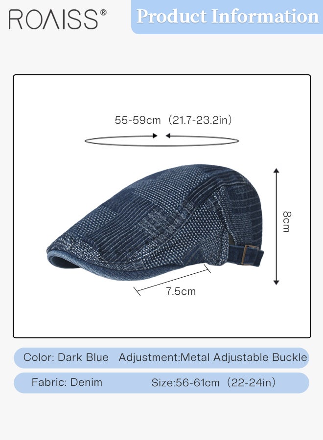 roaiss Adjustable Denim Newsboy Caps for Men Women Vintage Beret Flat Cap Cotton Hat Driving Fishing Peaked Hat Dark Blue One Size - Image 3