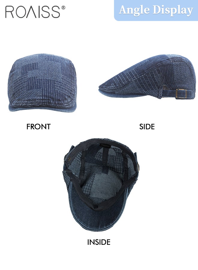 roaiss Adjustable Denim Newsboy Caps for Men Women Vintage Beret Flat Cap Cotton Hat Driving Fishing Peaked Hat Dark Blue One Size - Image 4