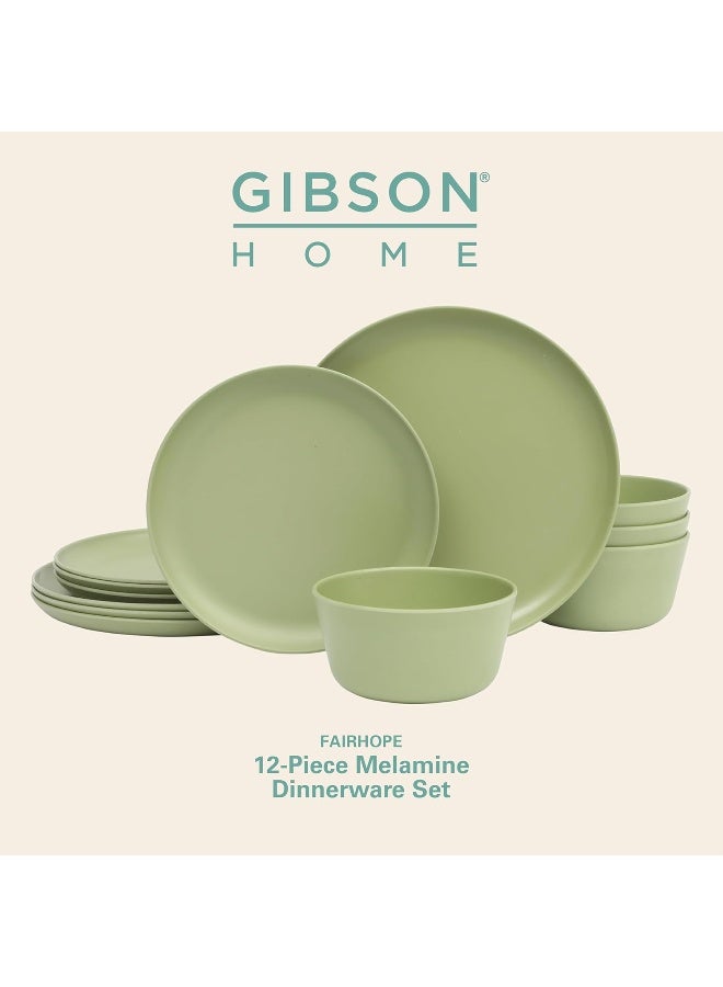 Gibson Home Fairhope 12Piece Matte Green Melamine Dinnerware Set Durable Lightweight Plates and Bowls Kitchen Dining Set - Image 2