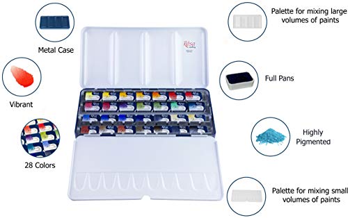 ROSA Gallery Professional Watercolor Paint Set, Made in Ukraine, 28 Water Colors of 2,5 ml, Portable Travel Watercolor Kit, High Lightfastness Paints for Artists, Adults in Metal Case - Image 2