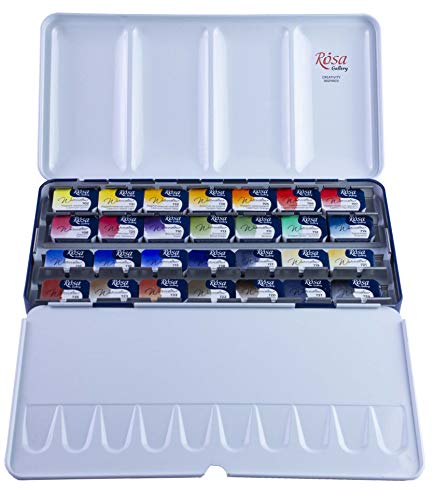 ROSA Gallery Professional Watercolor Paint Set, Made in Ukraine, 28 Water Colors of 2,5 ml, Portable Travel Watercolor Kit, High Lightfastness Paints for Artists, Adults in Metal Case - Image 1