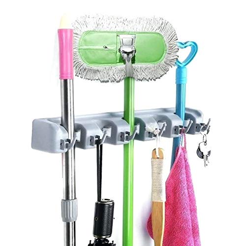 Inditradition Metal Mop Holder and Broom Holder 5 Slots with 6 Hanging Hooks Wall Hanging White Large - Image 3