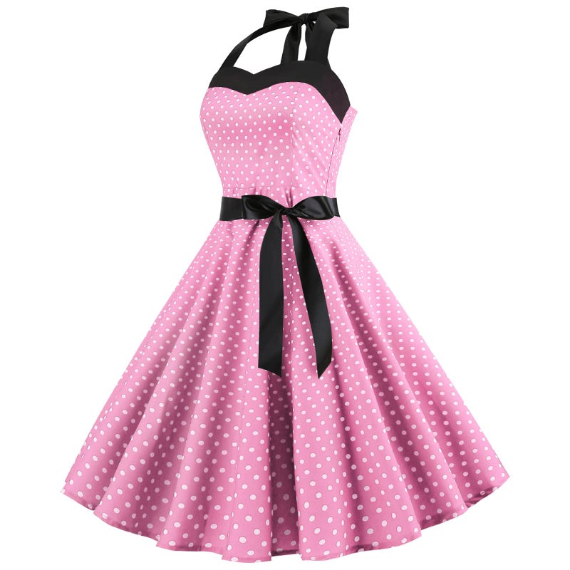 IKADEX Vintage Women 1950s Rockabilly Swing Dress Pinup 50s Retro Hepburn Style Halterneck A-Line Dresses #A: Pink Dots L - Image 3