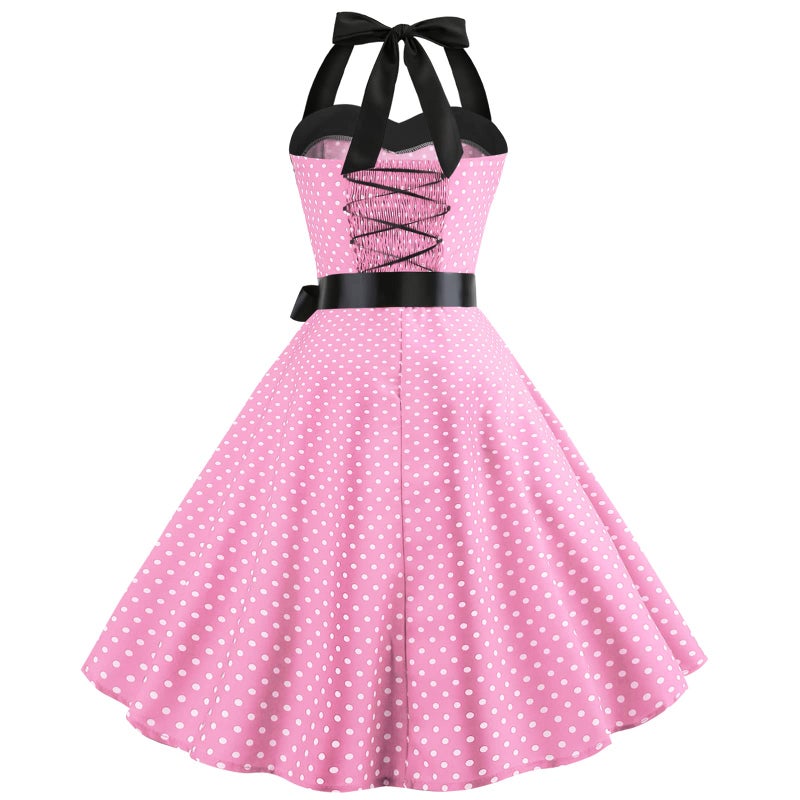 IKADEX Vintage Women 1950s Rockabilly Swing Dress Pinup 50s Retro Hepburn Style Halterneck A-Line Dresses #A: Pink Dots L - Image 4