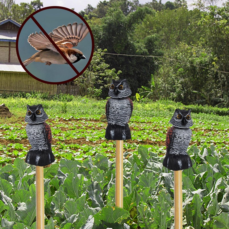 Hausse 3 Pack Bird Scarecrow Mini Fake Owl Decoy Sculpture, 8.26 inch Wagging Head Plastic Small Owl Bird Deterrents, Nature Enemy Horned Pest Repellent for Outdoor Garden Yard - Image 4