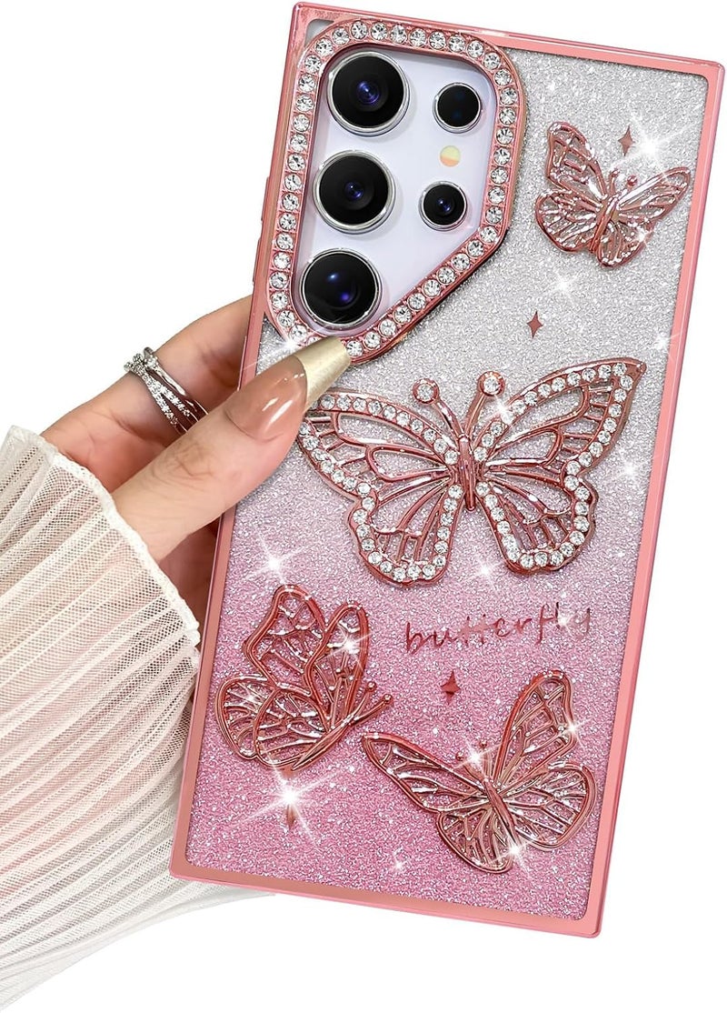 Elzzi Electroplated Butterfly Phone Cover for Samsung S24 Ultra Case, Showcasing Pearlescent Diamond Soft TPU, Camera Protection, Shockproof, Drop-Resistant Stylish for Girls & Women (Pink) - Image 1