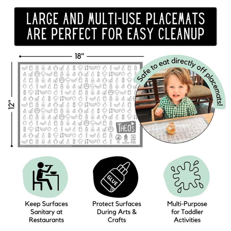 THEO'S 50 Pack Stick on Disposable Table Mats for Kids & Baby Led Weaning | Large 12" x 18" Restaurant Placemats in Re-usable Travel Pouch - Image 2