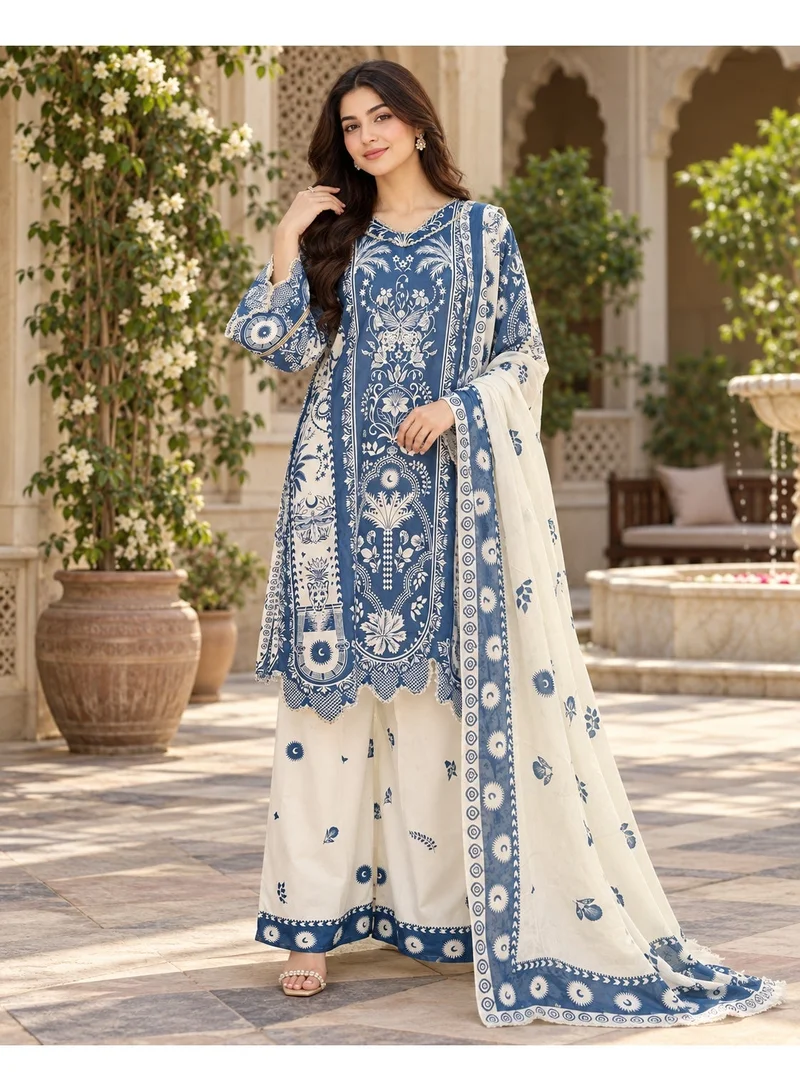 BAZM Women's 3-Piece Ethnic Suit Set, Blue & White Printed Design