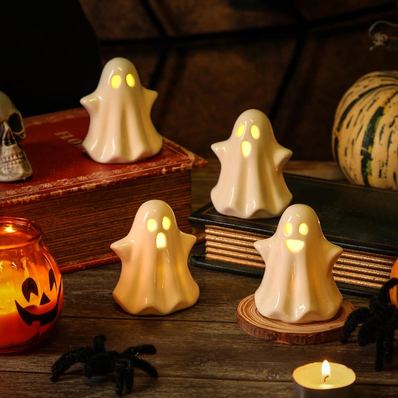 4PCS Ceramic Ghost Light Up Decor Cute Ghost Halloween Decor Small White Ghost Figurine Timer Led Ghost Figurines for Desk Tabletop CenterpiecesHalloween Decoration Indoor