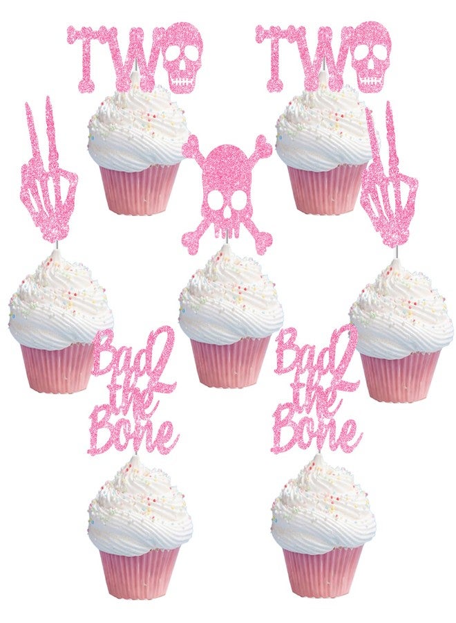 Merrystorm Bad Two the Bone Cake Toppers 36PCS Pink Gold Glitter Rock N Roll 2nd Cake Toppers Bone Skull Birthday Cake Decorations Rock Music Theme Cake Decorations for Girls 2nd Bday Party Supplies - Image 1