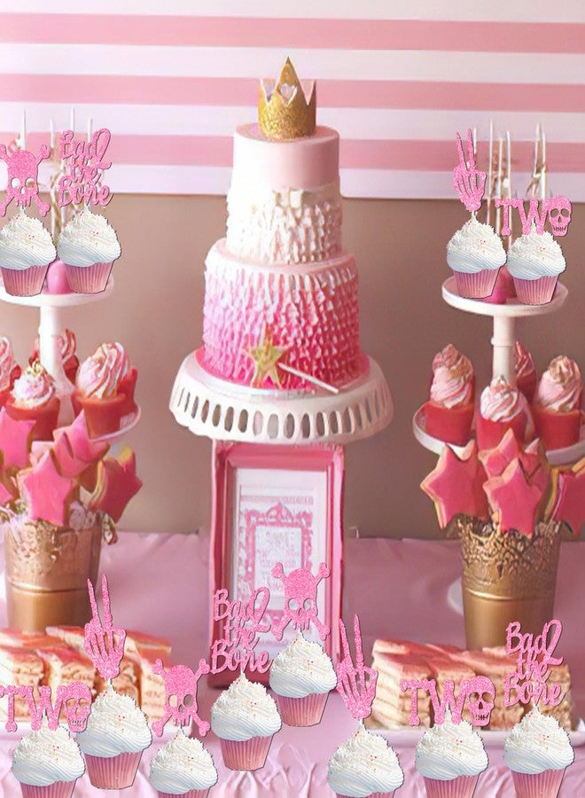 Merrystorm Bad Two the Bone Cake Toppers 36PCS Pink Gold Glitter Rock N Roll 2nd Cake Toppers Bone Skull Birthday Cake Decorations Rock Music Theme Cake Decorations for Girls 2nd Bday Party Supplies - Image 4