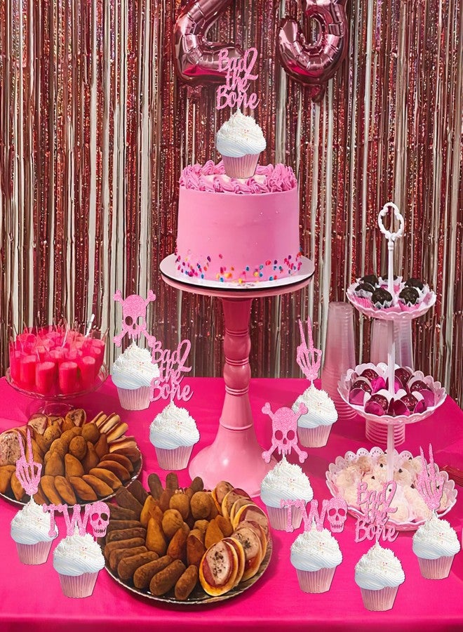 Merrystorm Bad Two the Bone Cake Toppers 36PCS Pink Gold Glitter Rock N Roll 2nd Cake Toppers Bone Skull Birthday Cake Decorations Rock Music Theme Cake Decorations for Girls 2nd Bday Party Supplies - Image 3