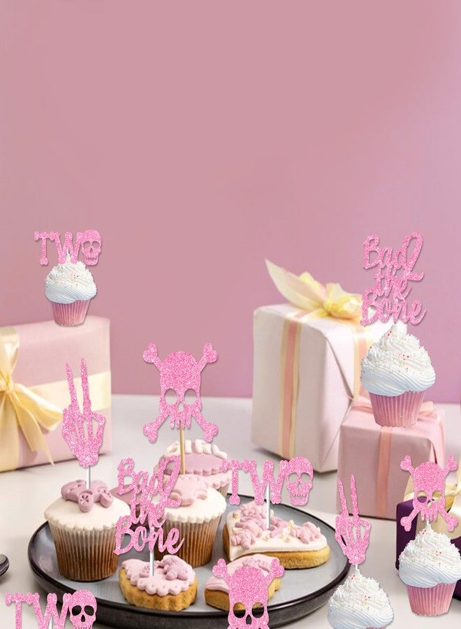 Merrystorm Bad Two the Bone Cake Toppers 36PCS Pink Gold Glitter Rock N Roll 2nd Cake Toppers Bone Skull Birthday Cake Decorations Rock Music Theme Cake Decorations for Girls 2nd Bday Party Supplies - Image 2