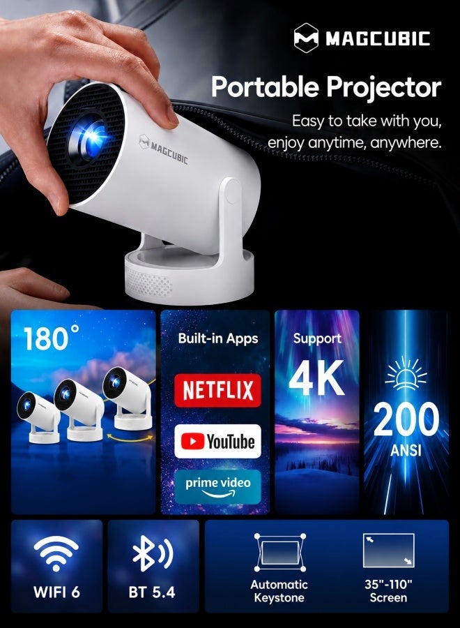 Magcubic HY300PRO+ Mini Projector with Android 14&WiFi 6 Bluetooth 5.4, 4K Support Portable with Lens Cap | 200 ANSI 5W Soundbase Speaker, 180° Rotation Auto Keystone, Built-in Apps, Home Outdoor Use - Image 3