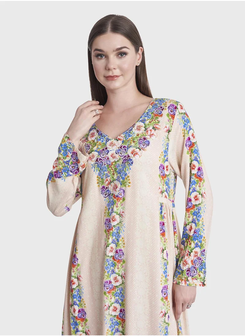 KASHKHA Mesh and Floral Print Rayon Kuwaiti Jalabiya