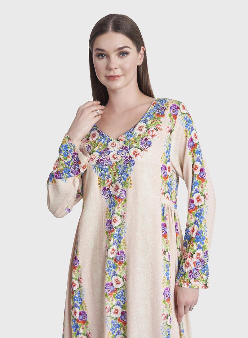 KASHKHA Mesh and Floral Print Rayon Kuwaiti Jalabiya - Image 1