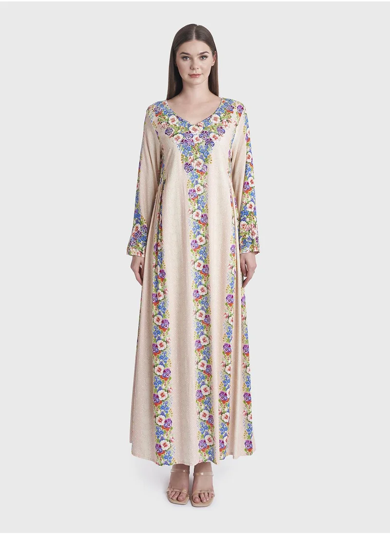 KASHKHA Mesh and Floral Print Rayon Kuwaiti Jalabiya