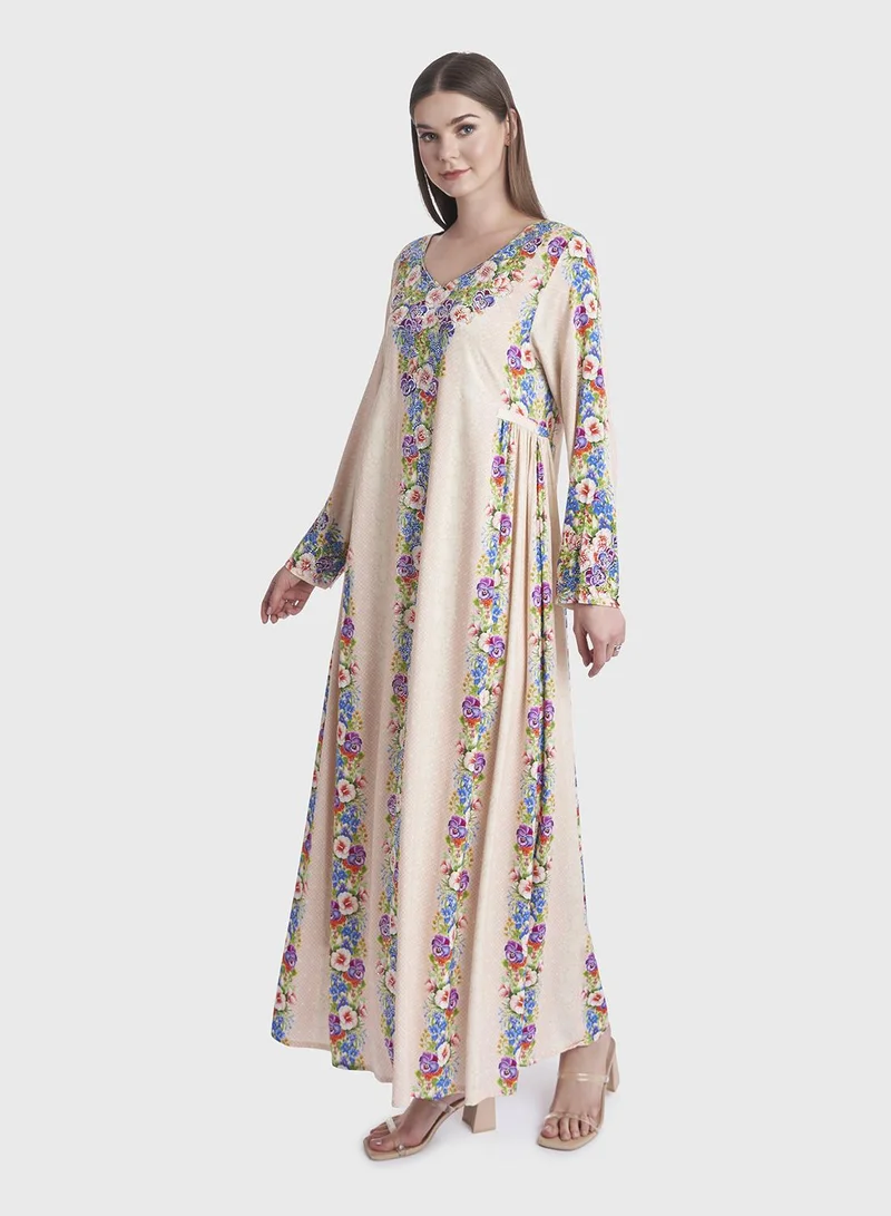KASHKHA Mesh and Floral Print Rayon Kuwaiti Jalabiya