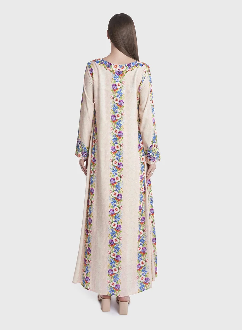 KASHKHA Mesh and Floral Print Rayon Kuwaiti Jalabiya