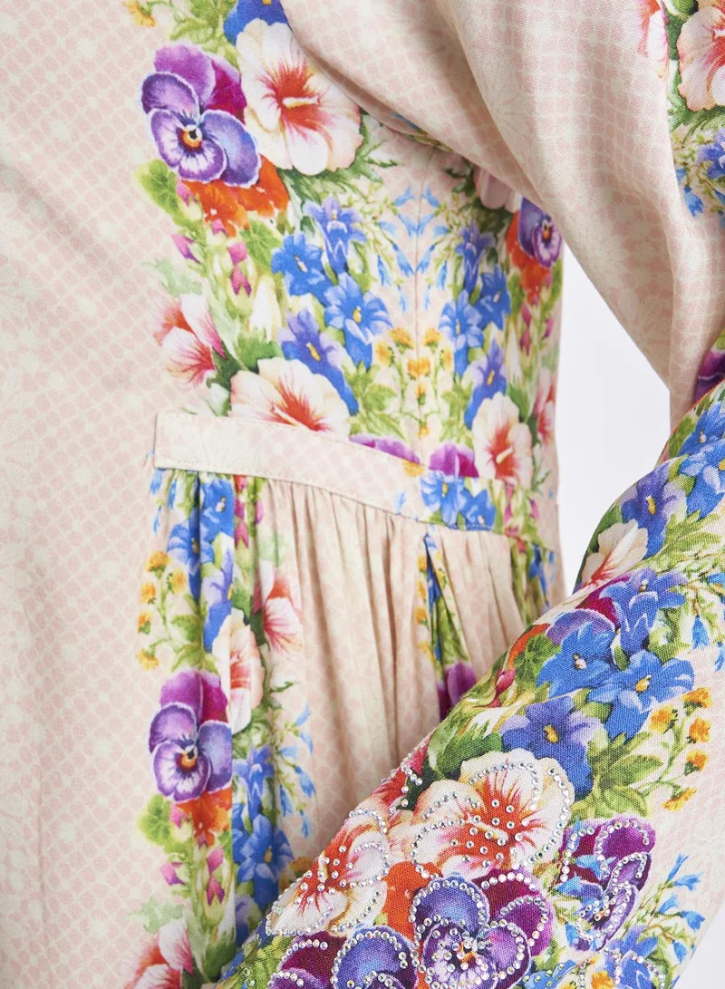 KASHKHA Mesh and Floral Print Rayon Kuwaiti Jalabiya