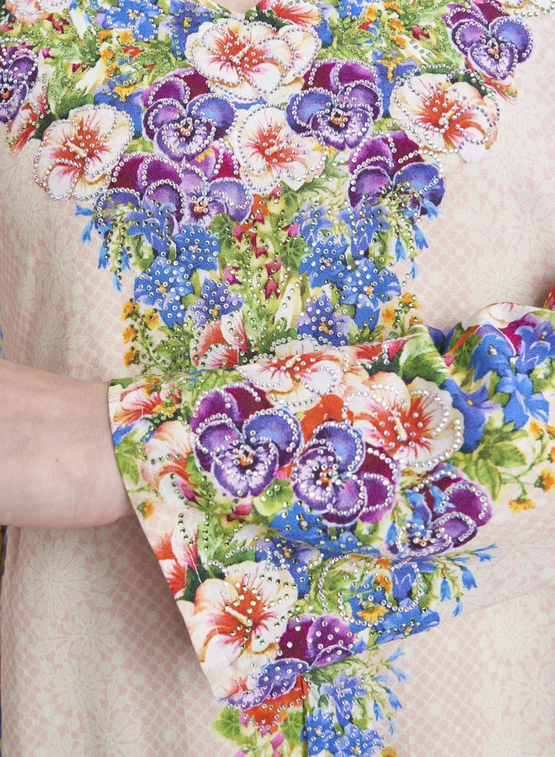 KASHKHA Mesh and Floral Print Rayon Kuwaiti Jalabiya