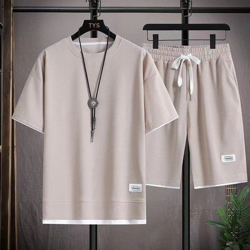Mens Waffle Casual Set Summer Plus Size Sportswear T-Shirt Shorts Combo Apricot [a set of 940]]