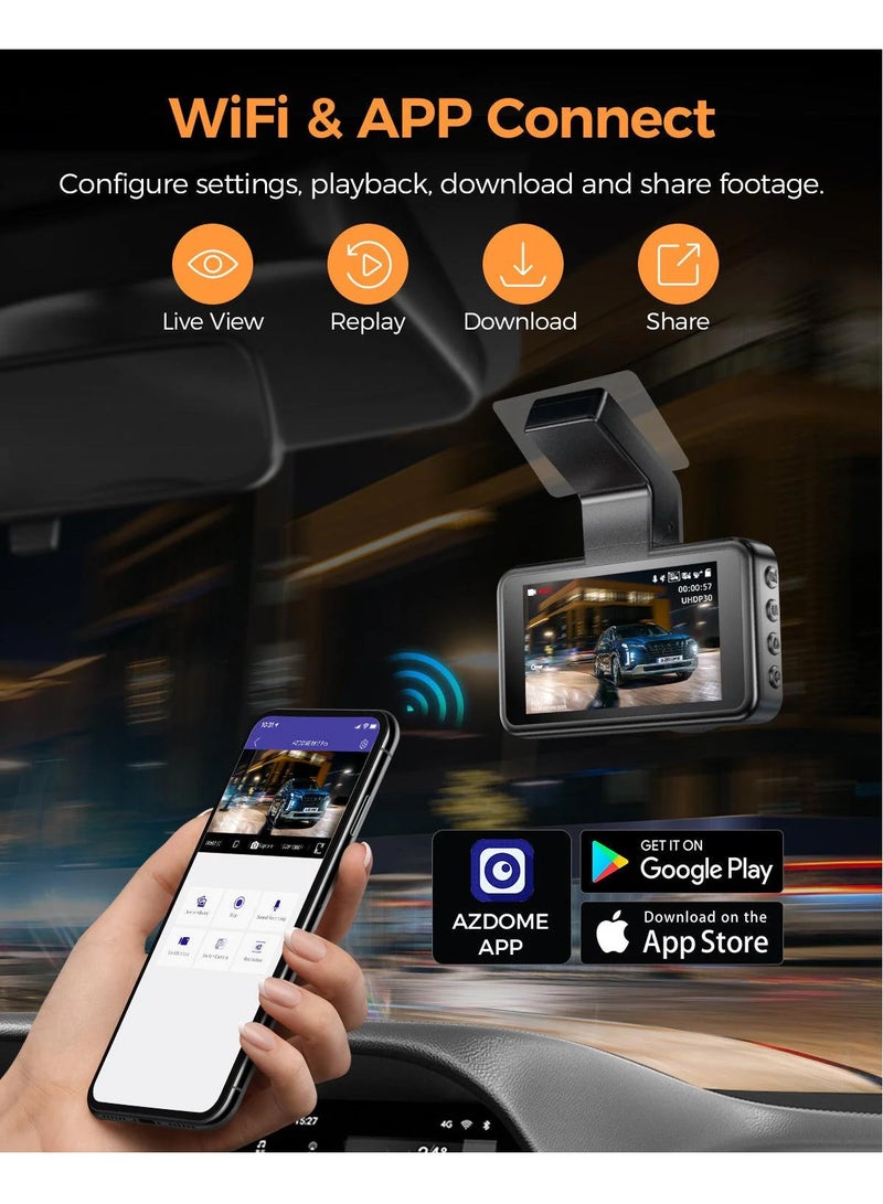 AZDOME Dash Cam - Voice-Activated, 3K Single Channel with 2K Front & 1K Rear Lenses, Super Night Vision, WiFi Enabled, App Control, Includes 64GB Car and Parking Hardwire Kit, Loop Recording & Emergency Lock  - Image 5