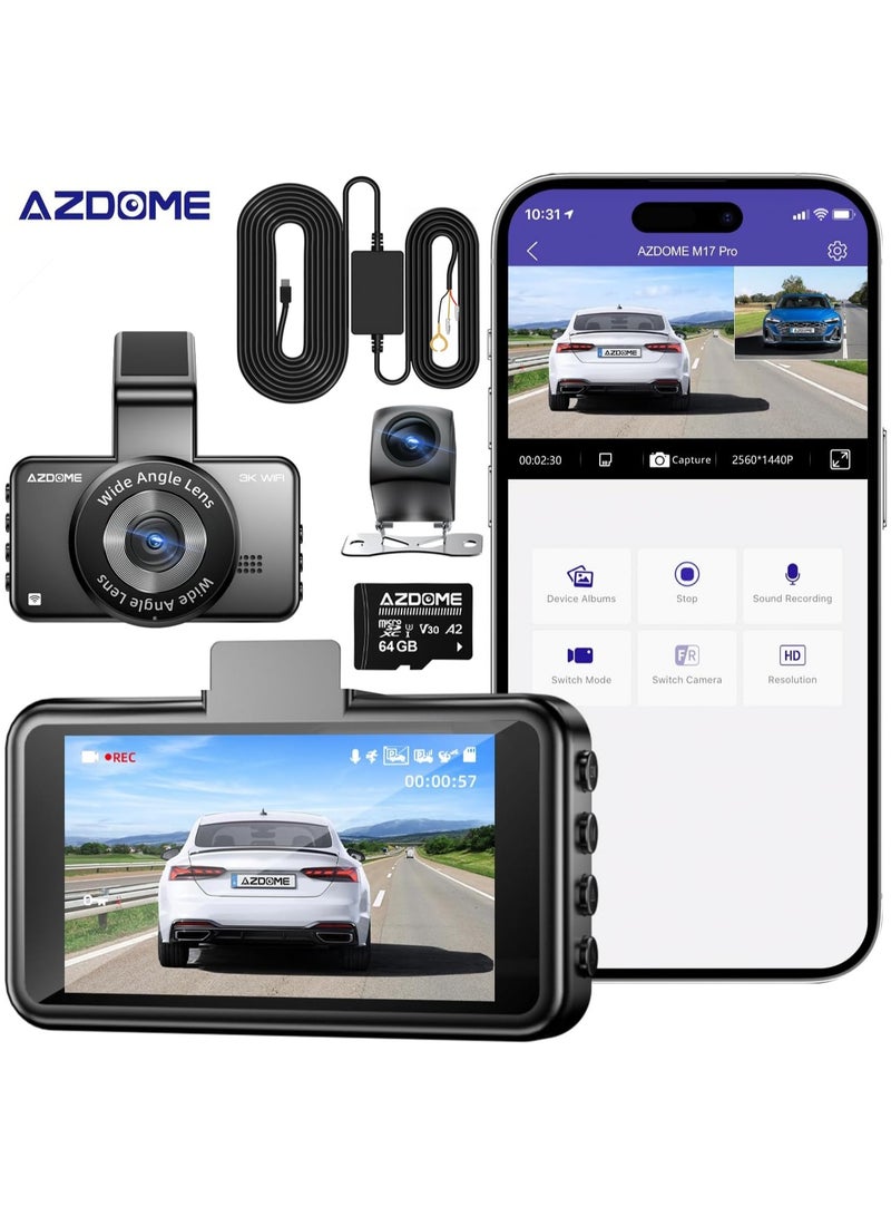 AZDOME Dash Cam - Voice-Activated, 3K Single Channel with 2K Front & 1K Rear Lenses, Super Night Vision, WiFi Enabled, App Control, Includes 64GB Car and Parking Hardwire Kit, Loop Recording & Emergency Lock  - Image 1
