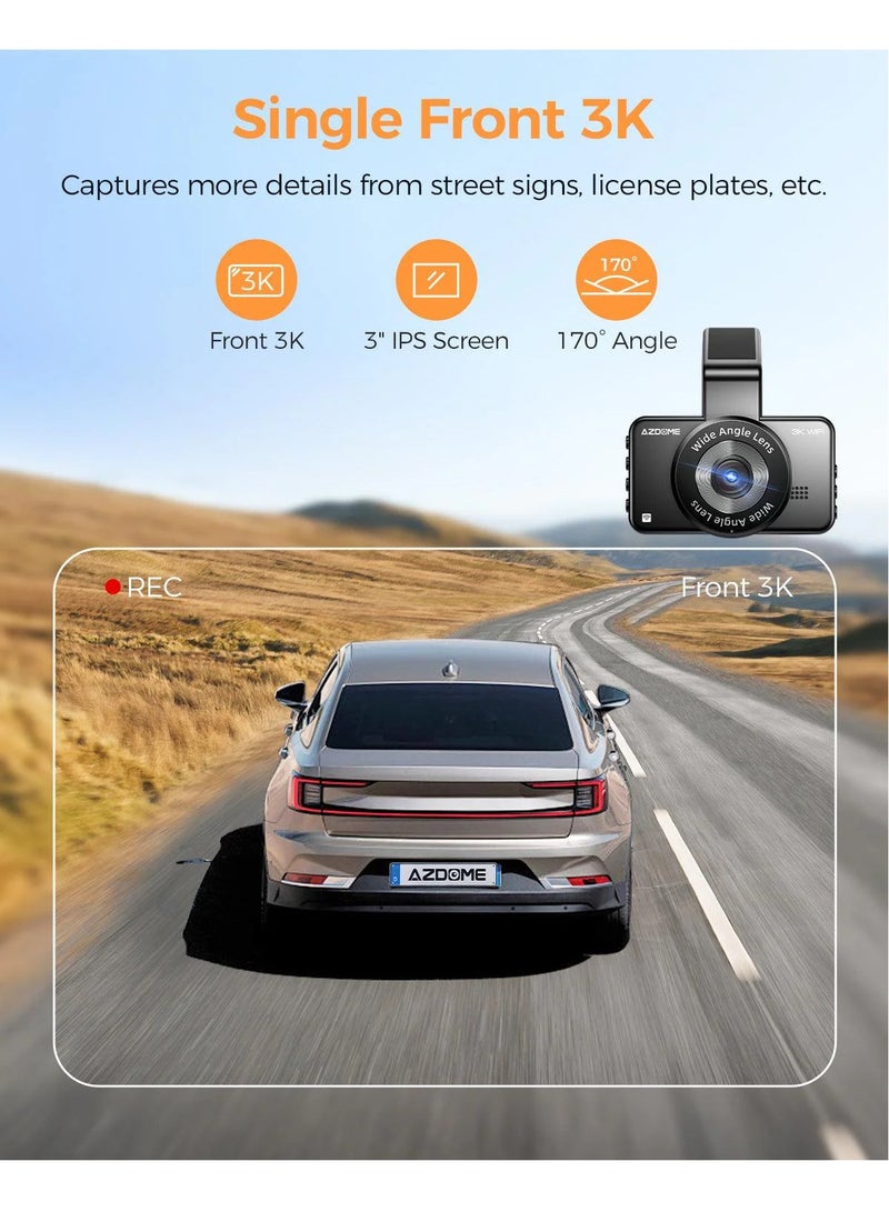 AZDOME Dash Cam - Voice-Activated, 3K Single Channel with 2K Front & 1K Rear Lenses, Super Night Vision, WiFi Enabled, App Control, Includes 64GB Car and Parking Hardwire Kit, Loop Recording & Emergency Lock  - Image 2