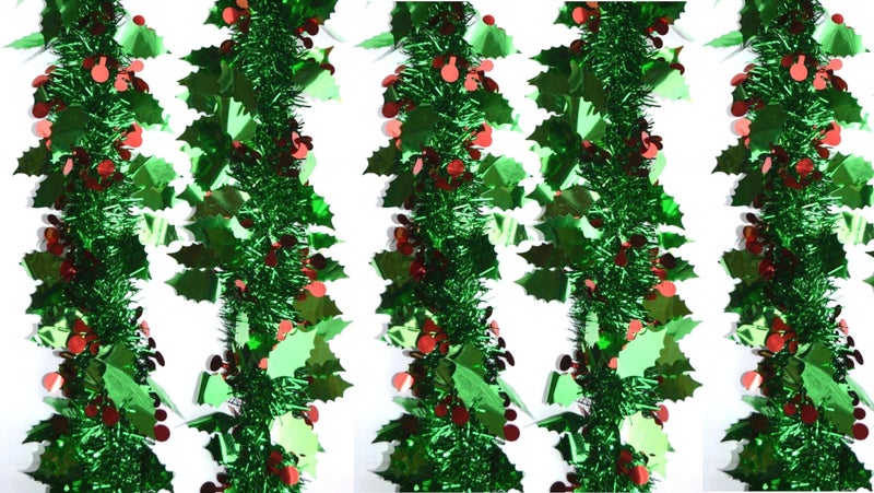 Krisah Set of 5 Christmas Artificial Tinsel Garland for Home Decorations Wall Door Xmas Tree Hanging Strings 5.9 Feet Long- Christmas Decorations Items for Home (Green Cherry) - Image 1
