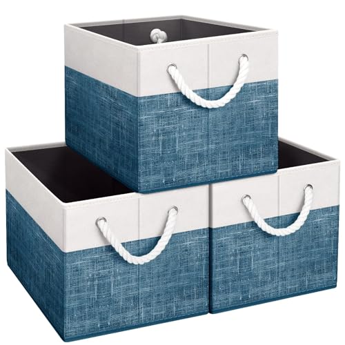 Fab totes Storage Bins [3-Pack], Foldable Storage Baskets for Organizing Toys, Books, Shelves, Closet, Large Storage Box with Rope Handles, Sturdy Organizer Bins, White & Blue - Image 1