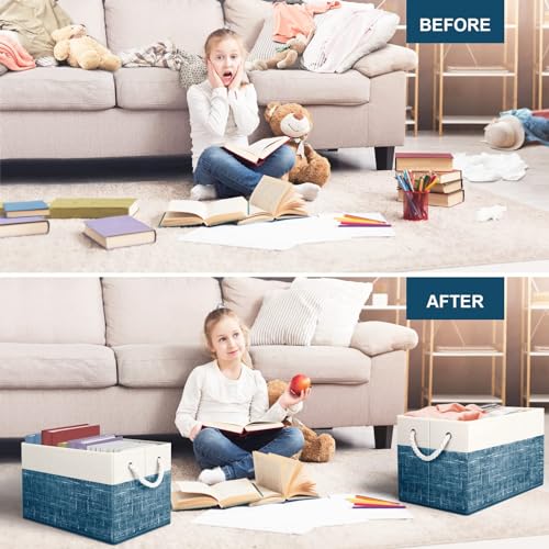 Fab totes Storage Bins [3-Pack], Foldable Storage Baskets for Organizing Toys, Books, Shelves, Closet, Large Storage Box with Rope Handles, Sturdy Organizer Bins, White & Blue - Image 5