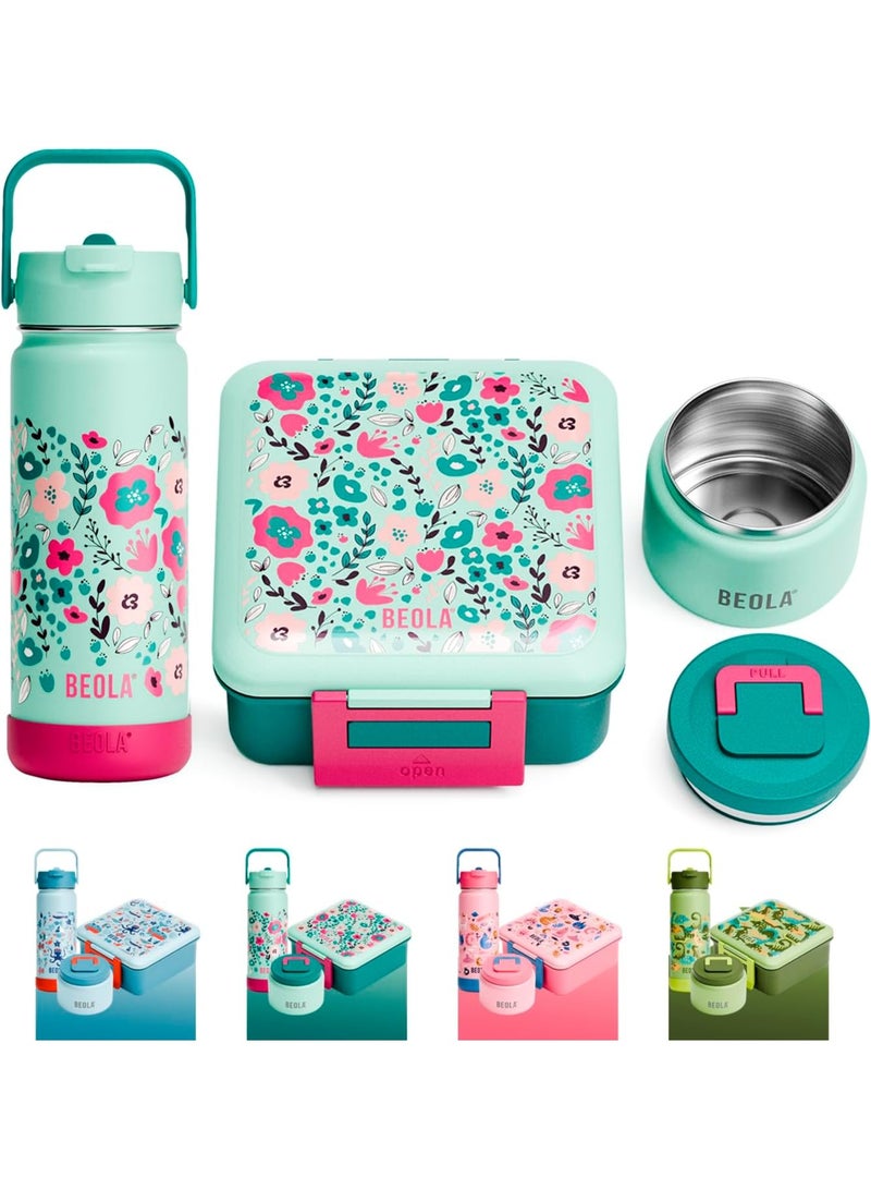 BEOLA SET of 2pcs, Lunch Box Kids School with Bottle, Bento Lunch Box for Kids with 8oz Insulated Thermos Food Jar and 550ml Insulated Water Bottle with Straw Lid, Bottle for Kids School (Ever Blooming) - Image 1
