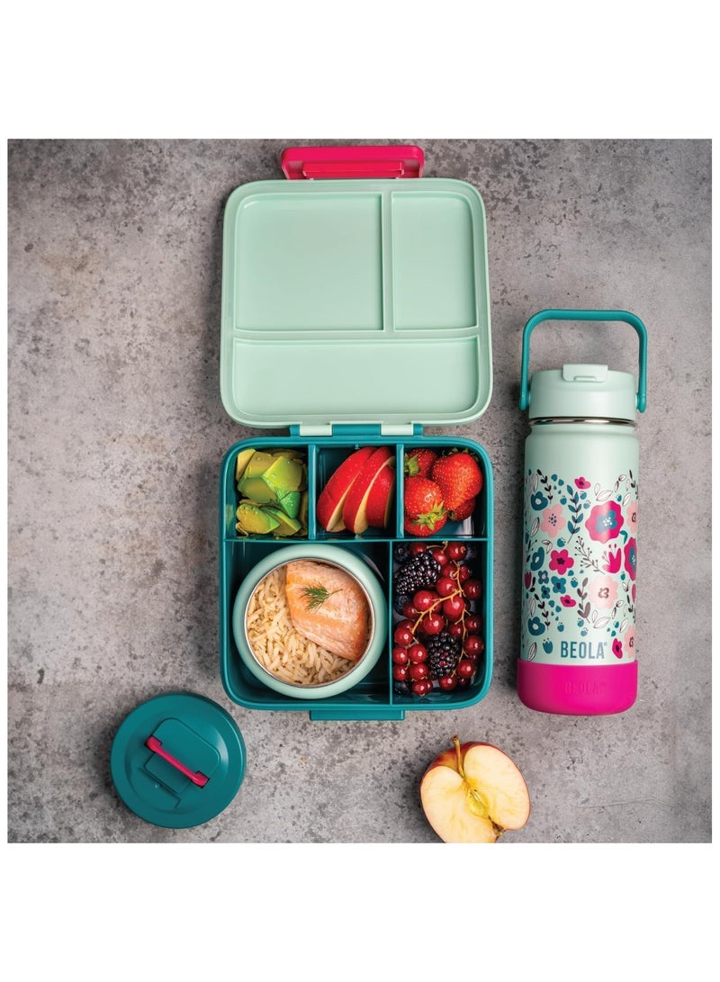BEOLA SET of 2pcs, Lunch Box Kids School with Bottle, Bento Lunch Box for Kids with 8oz Insulated Thermos Food Jar and 550ml Insulated Water Bottle with Straw Lid, Bottle for Kids School (Ever Blooming) - Image 2