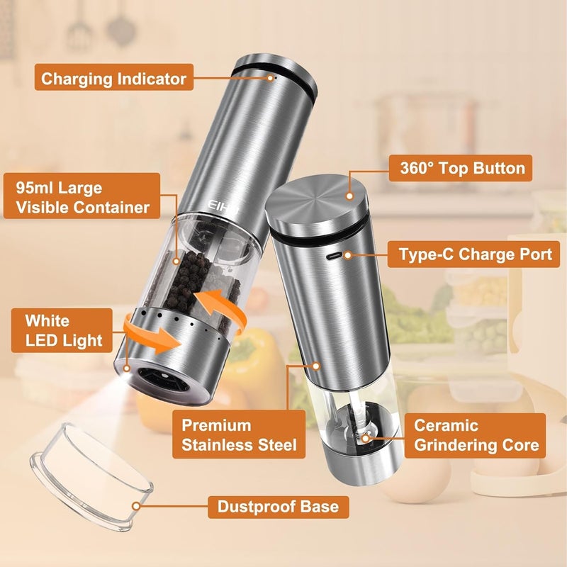 EIHO Electric Salt and Pepper Grinder Set Rechargeable, Automatic Salt and Pepper Shakers Mills External Adjustable Coarseness, Kitchen Gadgets, Stocking Stuffers Christmas Cooking Gifts for Men Women - Image 4