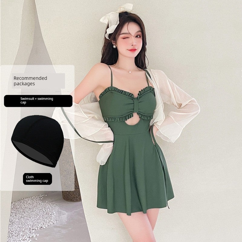 Vacation swimsuit women's jumpsuit style 2025 new long-sleeved blouse two-piece set slimming belly cover conservative hot springs - Image 1